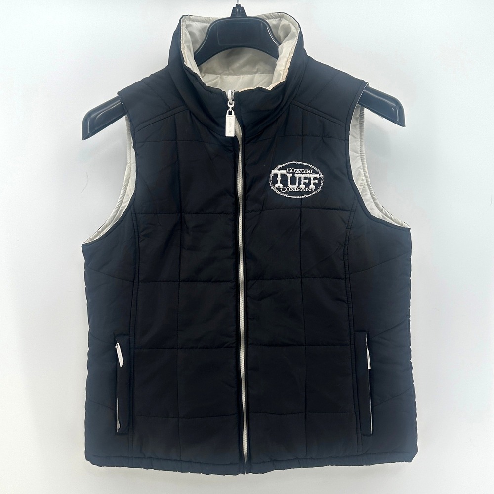Cowgirl Tuff Vest Womens XL Black White Reversible Puffer Barbed Wire Logo Y2K